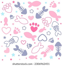 Vector seamless pattern with paw prints, hearts, bones and fish. Cat food. Suitable for pet store websites, social media posts, pet product design and much more