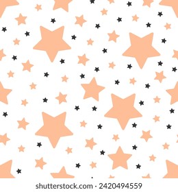 Vector seamless pattern with peach and black stars of different sizes on a white background. Simple cute pattern. Ideal for textiles, fabrics, packaging, wrapping paper and more
