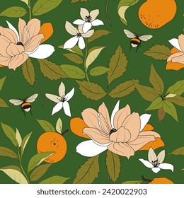 Vector seamless pattern with peach dahlia flowers, tangerines, bumblebee. leaves on a dark green background