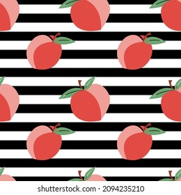 Vector seamless pattern with peaches. Cute colorful background texture for kitchen wallpaper, textile, fabric, paper. Flat fruits background. Vegan, farm, natural food illustration
