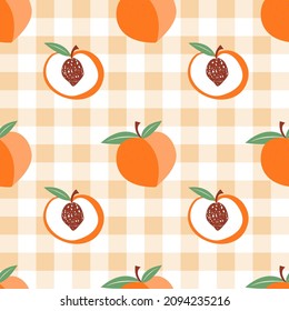 Vector seamless pattern with peaches. Cute colorful background texture for kitchen wallpaper, textile, fabric, paper. Flat fruits background. Vegan, farm, natural food illustration