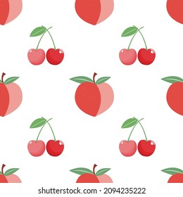 Vector seamless pattern with peaches. Cute colorful background texture for kitchen wallpaper, textile, fabric, paper. Flat fruits background. Vegan, farm, natural food illustration