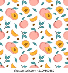 Vector Seamless Pattern with Peaches. Half, Slice and Whole Juicy Fruits Background. Hand Drawn sweet nectarine ornament for  wrapping paper, texture, fabric, menu, food package and interior design