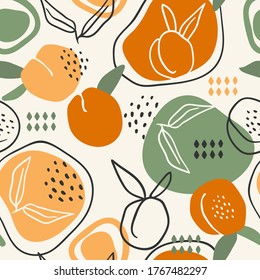 Vector seamless pattern with peaches. Trendy hand drawn textures. Modern abstract design for paper, cover, fabric, interior decor and other users.