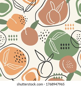 Vector seamless pattern with peaches. Trendy hand drawn textures. Modern abstract design for paper, cover, fabric, interior decor and other users.