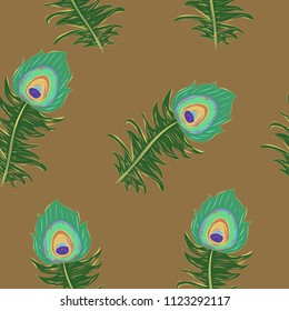 Vector of seamless pattern with peacock feather on brown background

