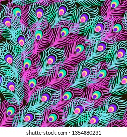 Vector seamless pattern with peacock feather in pink and mint colors. Modern background. Can be used for design banners, wrapping paper, print on clothes. EPS10
