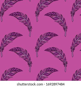 vector seamless pattern of peacock feather in boho style on purple background.