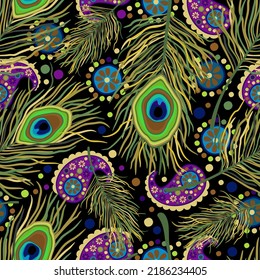 Vector seamless pattern with peacock feathers and paisley on black background.