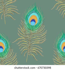 vector of seamless pattern with peacock feathers on green background