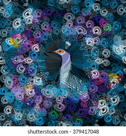 Vector. Seamless pattern. Peacock in the night garden
