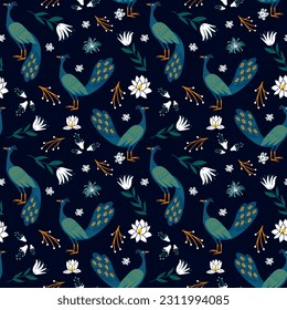 Vector seamless pattern with peacocks and  tropical  flowers on dark blue background