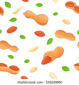 Vector seamless pattern peanut nut. Illustration of peeled nuts and in shell isolated on white background it can be used as packaging design element printing brochures on healthy and vegetarian diet