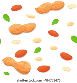 Vector seamless pattern peanut nuts with leaves. Illustration of groundnut isolated on white background it can be used as packaging design element, printing brochures on healthy and vegetarian diet