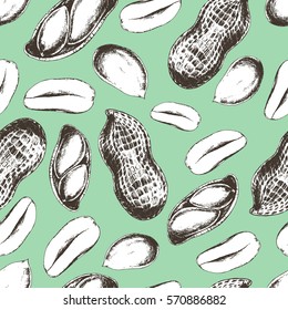 Vector seamless pattern of peanuts. Ink drawn engraved food illustration in vintage style for print, wrapping, fabric and other food design. Peanut butter ingredient. Protein and fat foodstuff