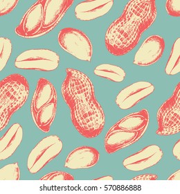 Vector seamless pattern of peanuts. Ink drawn engraved food sketch in vintage retro style for print, wrapping, menu and other food design. Peanut butter ingredient. Protein and fat foodstuff