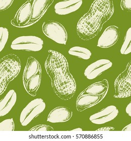 Vector seamless pattern of peanuts on green. Ink drawn  food illustration in vintage retro style for print, wrapping and other food design. Peanut butter ingredient. Protein and fat foodstuff