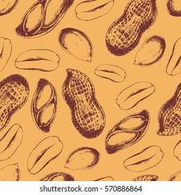Vector seamless pattern of peanuts on orange. Ink drawn engraved food illustration in vintage retro style for print, wrapping and other food design. Peanut butter ingredient. Protein and fat foodstuff