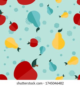 Vector seamless pattern with pear, aplle icons and geometric elements on a pastel mint background. Flat minimalistic illustration. Artwork for packaging design of juice, baby food, jam, textiles.