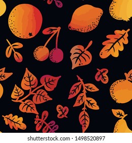 Vector seamless pattern with pear, apple, cherry, lemon and leaves