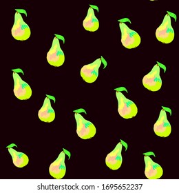Vector seamless pattern with pear fruit, hand drawn illustration in cartoon style, kids drawing, summer print for wrapping paper, design, background texture
