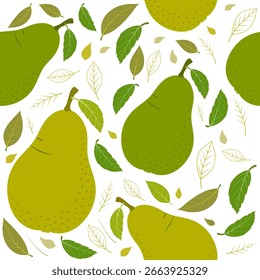 Vector seamless pattern with pear fruits and green leaves. Vector illustration seamless pattern.