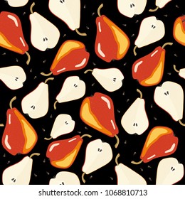Vector seamless pattern with pear and half of pear on black background. Design for vegan menu, logo, cafe, textile and banners. EPS 10