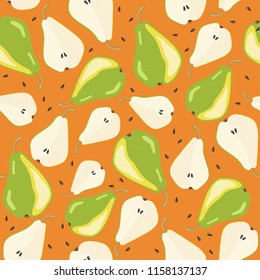 Vector seamless pattern with pear and half of pear. Design for vegan menu, logo, cafe, textile and banners. EPS 10