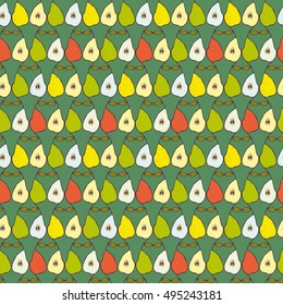 Vector seamless pattern with pear halves and whole pear. Drawn by hand. EPS 10.