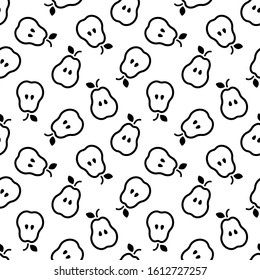 Vector seamless pattern with pear icons on white background; simple fruity design for fabric, wallpaper, wrapping paper, package, tablecloth, textile, web design.
