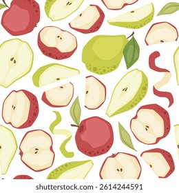 Vector seamless pattern with pears and apples on white background