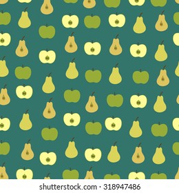 Vector seamless pattern with Pears and Apples. Vector illustration on green background.