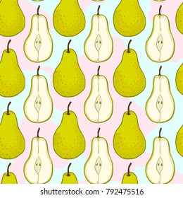 Vector seamless pattern with pears, cute painted in a style fruit, abstract hand drawing, print for wallpapers, web page, surface textures, textile. Natural