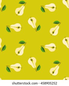 Vector seamless pattern with pears on the olive background, cute painted in a flat style fruit, abstract hand drawing, print for wallpapers, web page, surface textures, textile. Vector EPS 8