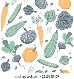 Vector seamless pattern with peas, radishes, sweet peppers, carrots, zucchini, eggplant, cabbage and artichoke on a white background in a flat style. Limited palette, ideal for printing.
