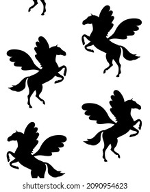 Vector seamless pattern of pegasus silhouette isolated on white background