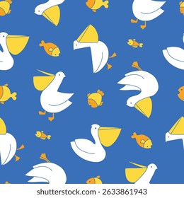 Vector Seamless Pattern of Pelican Animal Fish Background for Fashion Wrapping Print Fabric Surface