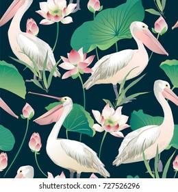 Vector seamless pattern pelican and lotus flowers and leaves. Watercolor.