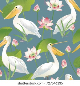 Vector seamless pattern pelican and lotus flowers and leaves. Watercolor.