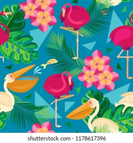 Vector seamless pattern. Pelicans and flamingos in tropical leaves and flowers against the background of the color of the sea wave with triangles