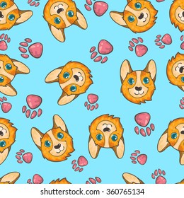 Vector seamless pattern with  pembroke welsh corgi and footsteps on blue background. Cute and funny doodle dog pattern.