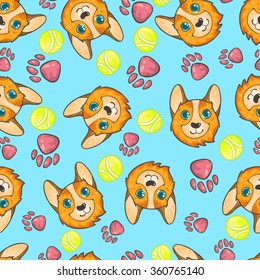 Vector seamless pattern with  pembroke welsh corgi , pink footsteps and tennis green yellow balls on blue background. Lovely  dog pattern with bright balls.