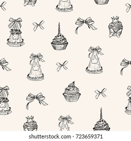 Vector seamless pattern. Pen style sketch of cupcakes, party caps and ribbon.