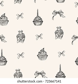 Vector seamless pattern. Pen style sketch of cupcakes and ribbon.
