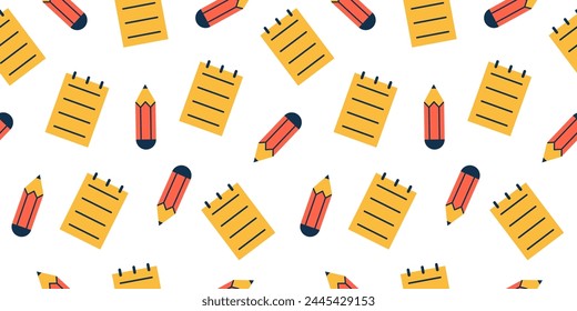 Vector seamless pattern with pencil and notepad. Back to school concept. School elements on white background. Education, learning and study. Take notes.