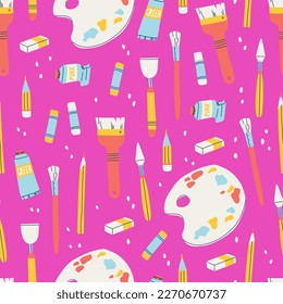 Vector seamless pattern with pencils and brushes for drawing. Simple chaotically repeating elements, objects for artistic creativity.