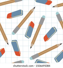 Vector seamless pattern of pencils and erasers on the background of a notebook sheet