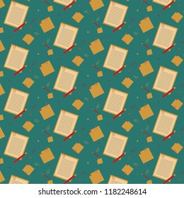 Vector seamless pattern with pencils notes clips. Empty notebook with and color pencil on the table.