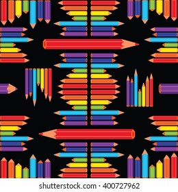 Vector seamless pattern with lot of pencils of rainbow colors on a black background.