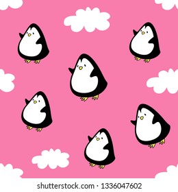 Vector seamless pattern. Penguin in clouds. Cartoon style. eps 10